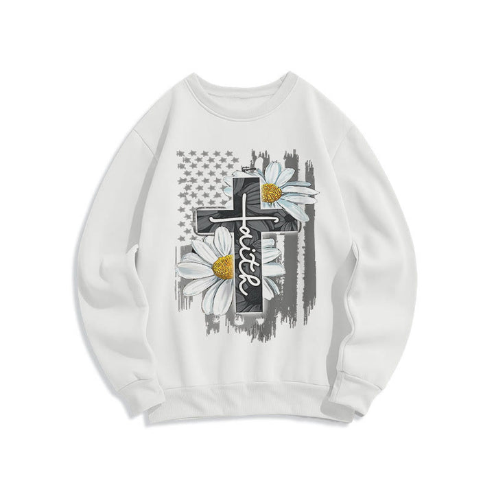 Christianartworkshop Modern Style Faith Cross and Daisies Fleece Lined Polyester Sweatshirt - White - 2XL - image 10