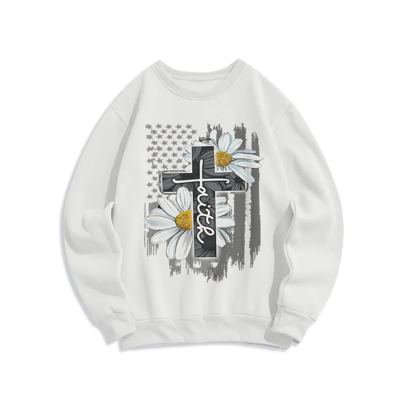 Christianartworkshop Modern Style Faith Cross and Daisies Fleece Lined Polyester Sweatshirt - White - 2XL - image 11