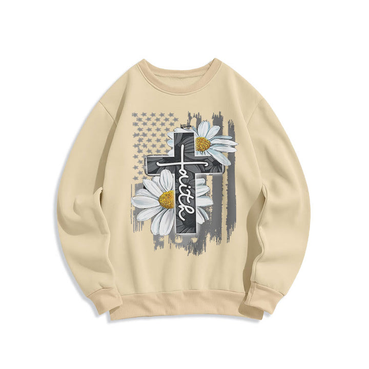 Christianartworkshop Modern Style Faith Cross and Daisies Fleece Lined Polyester Sweatshirt - Beige - 2XL - image 16