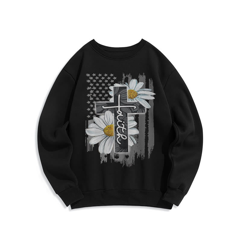 Christianartworkshop Modern Style Faith Cross and Daisies Fleece Lined Polyester Sweatshirt - Black - 2XL - image 6
