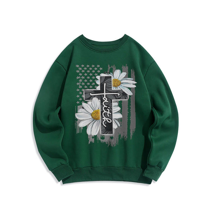 Christianartworkshop Modern Style Faith Cross and Daisies Fleece Lined Polyester Sweatshirt - Green - 2XL - image 26