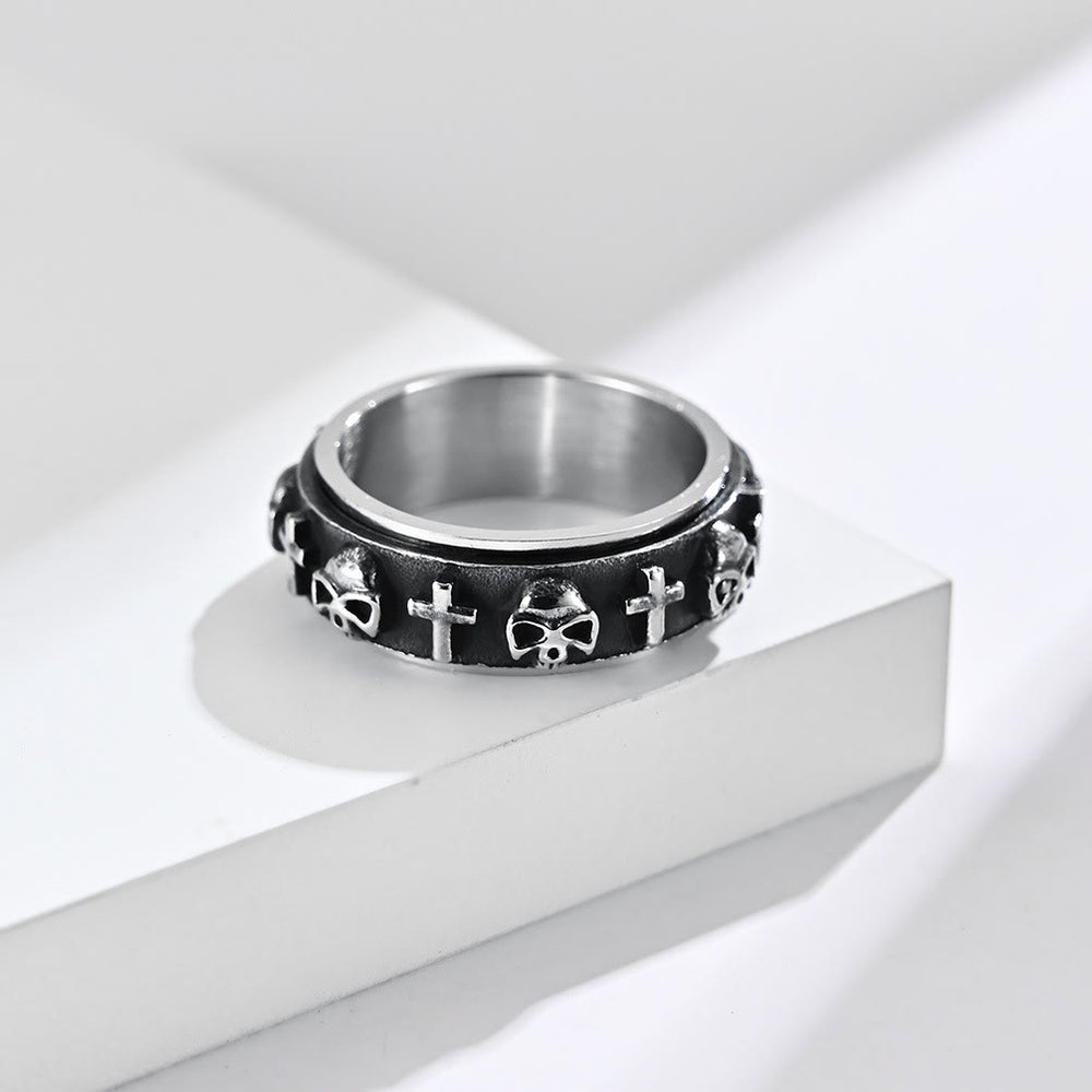 Christianartworkshop Modern Style Skull Cross Spinner Titanium Steel Ring - Retro Silver - US 13 - image 1