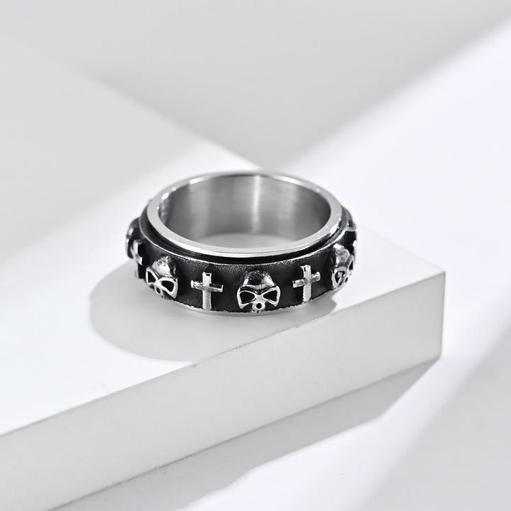 Christianartworkshop Modern Style Skull Cross Spinner Titanium Steel Ring - Retro Silver - US 13 - image 1