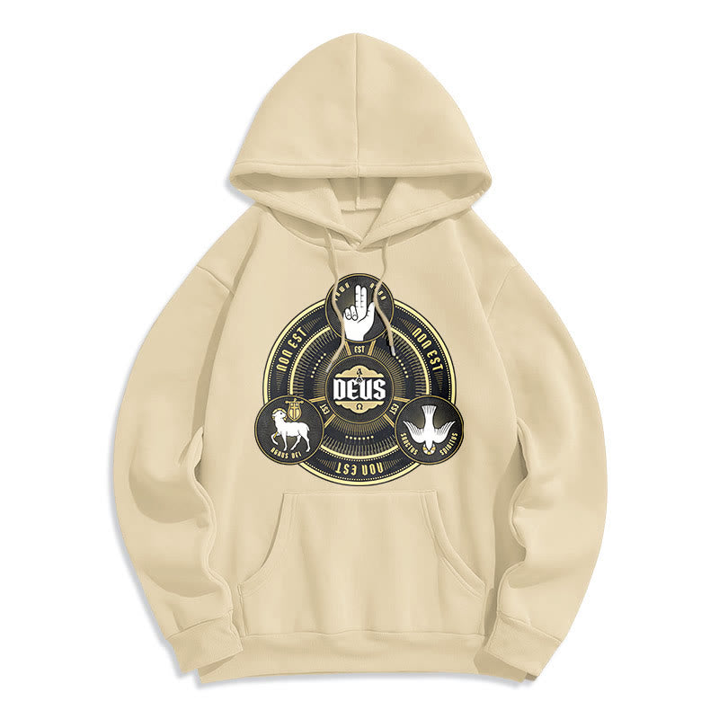 Christianartworkshop Classic Style Holy Trinity Deus Emblem Fleece Lined Polyester Hoodie - Beige - 2XL - image 11