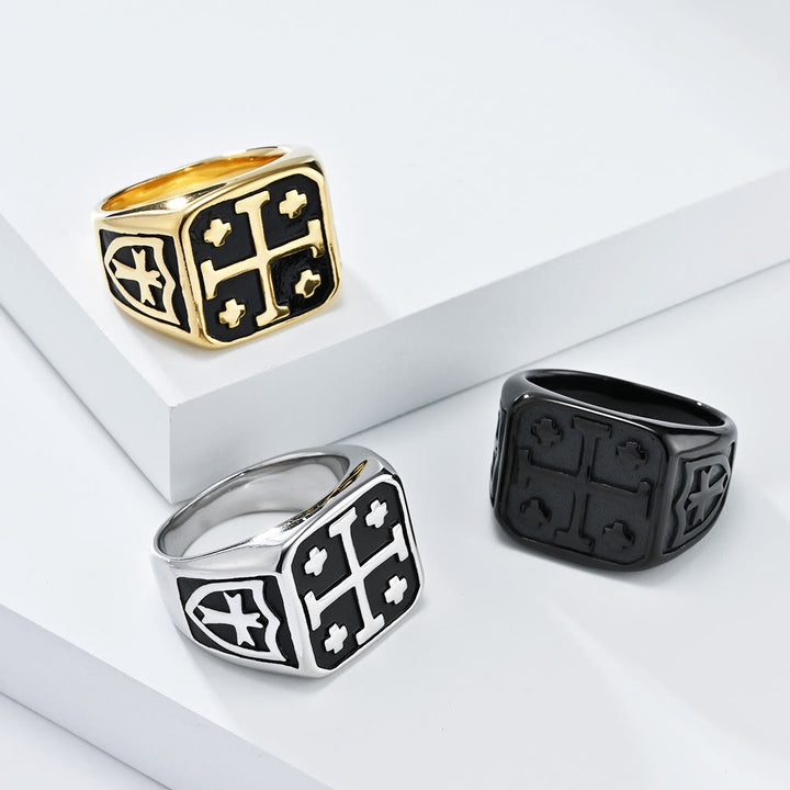 Christianartworkshop Classic Style Jerusalem Cross Shield Signet Devine Faith Ring - image 1
