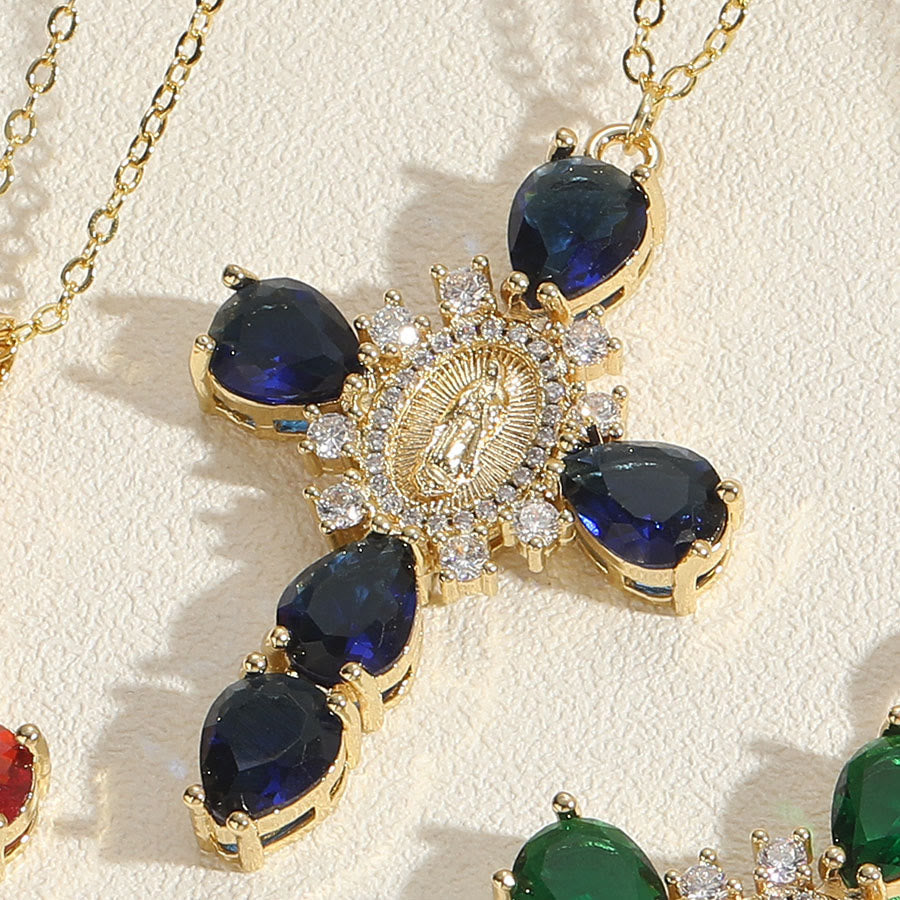 Christianartworkshop Modern Style Our Lady of Guadalupe Cross Zircon Pendants Necklace - Blue - image 3