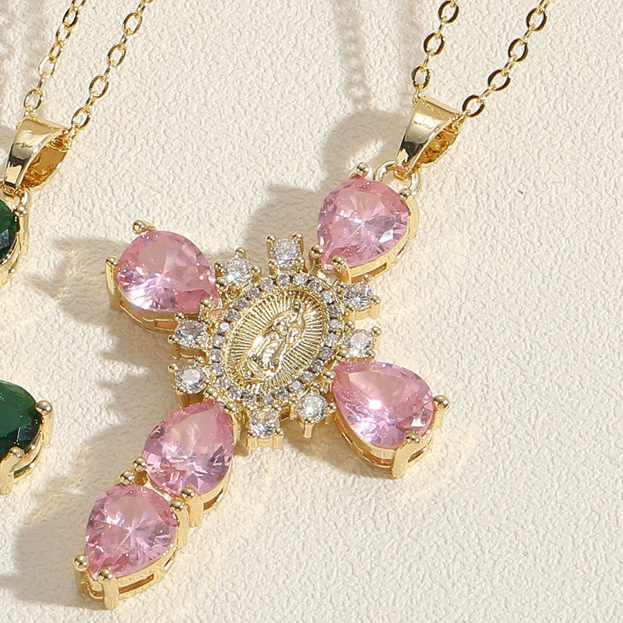 Christianartworkshop Modern Style Our Lady of Guadalupe Cross Zircon Pendants Necklace - Pink - image 2
