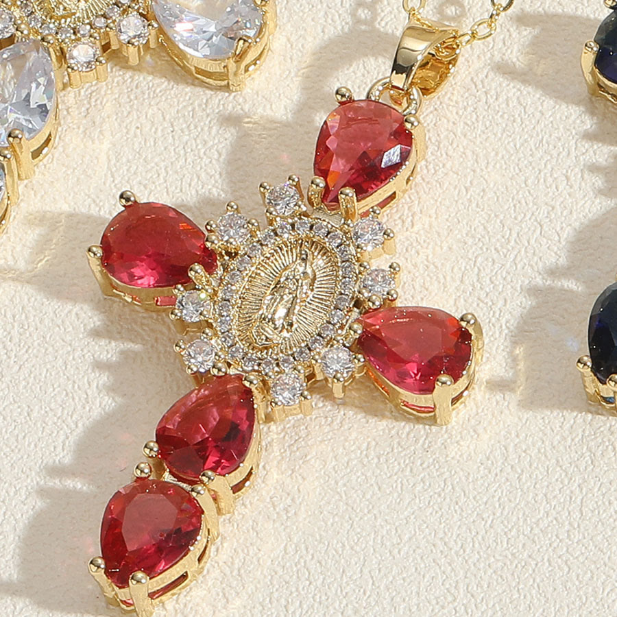 Christianartworkshop Modern Style Our Lady of Guadalupe Cross Zircon Pendants Necklace - Red - image 4
