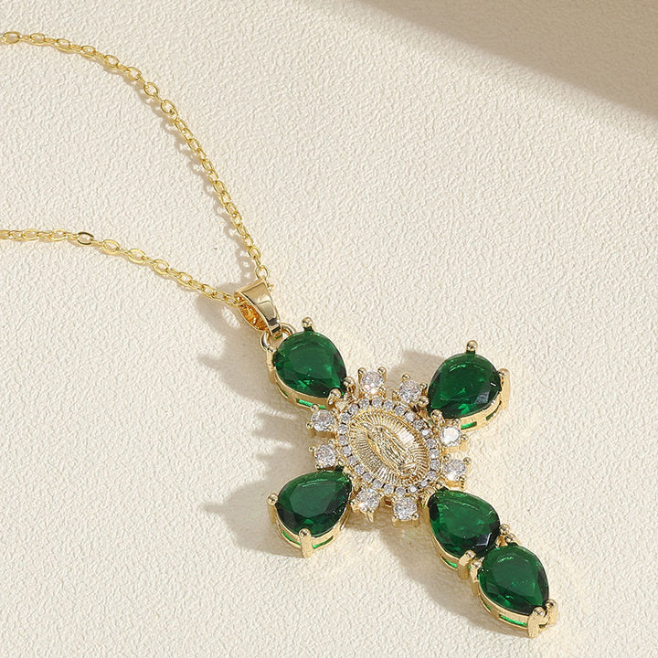 Christianartworkshop Modern Style Our Lady of Guadalupe Cross Zircon Pendants Necklace - Green - image 5