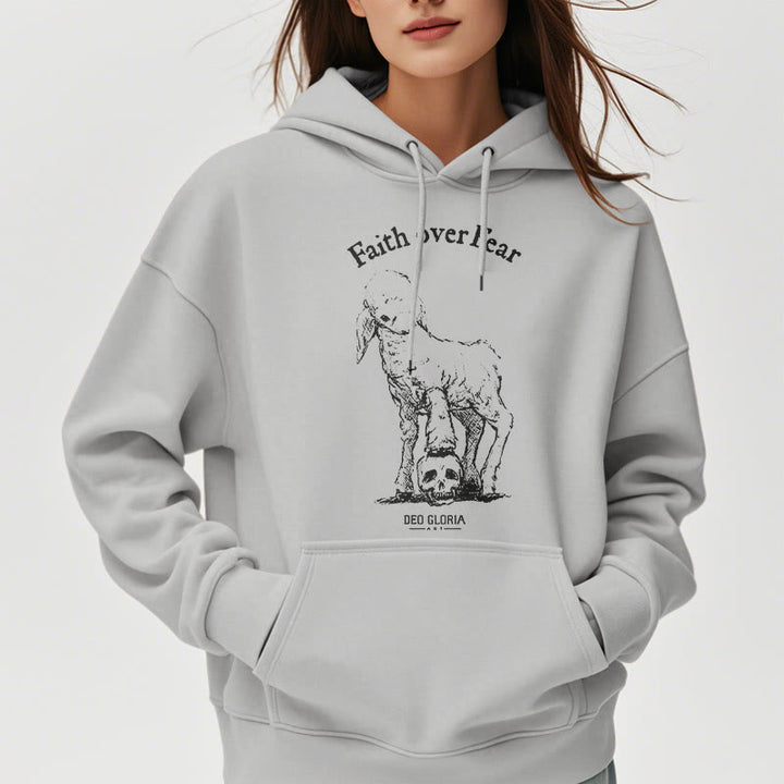 Christianartworkshop Quotation Style Faith Over Fear Lamb Fleece Lined Polyester Hoodie - image 7