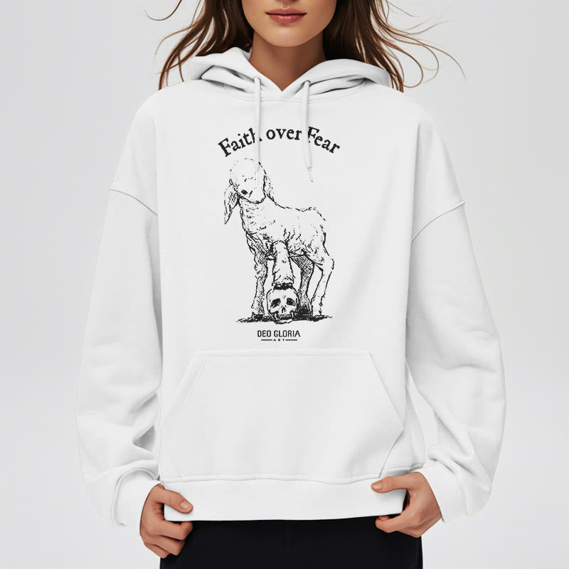 Christianartworkshop Quotation Style Faith Over Fear Lamb Fleece Lined Polyester Hoodie - image 13