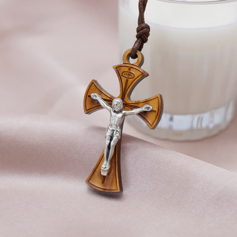 Christianartworkshop Classic Style Curved Olive Wood Crucifix Cross Pendant Necklace - image 2