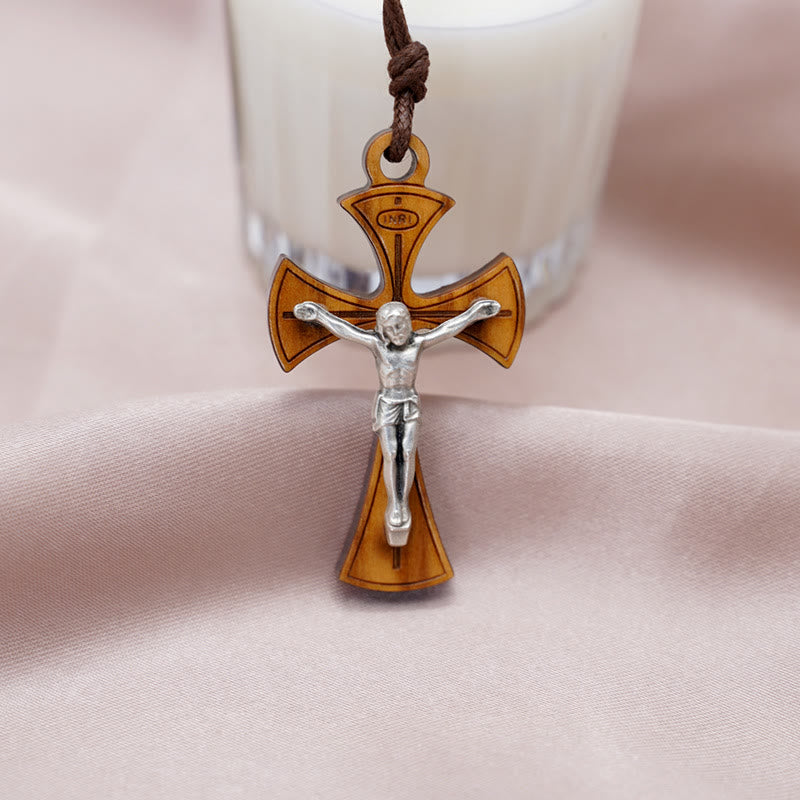 Christianartworkshop Classic Style Curved Olive Wood Crucifix Cross Pendant Necklace - Crucifix - image 1