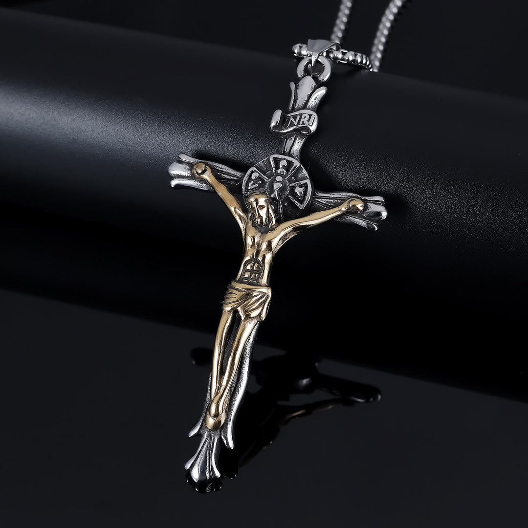 Christianartworkshop Classic Style INRI Plaque Crucifix Cross Jesus Sacred Faith Necklace - Silver&Gold - image 2