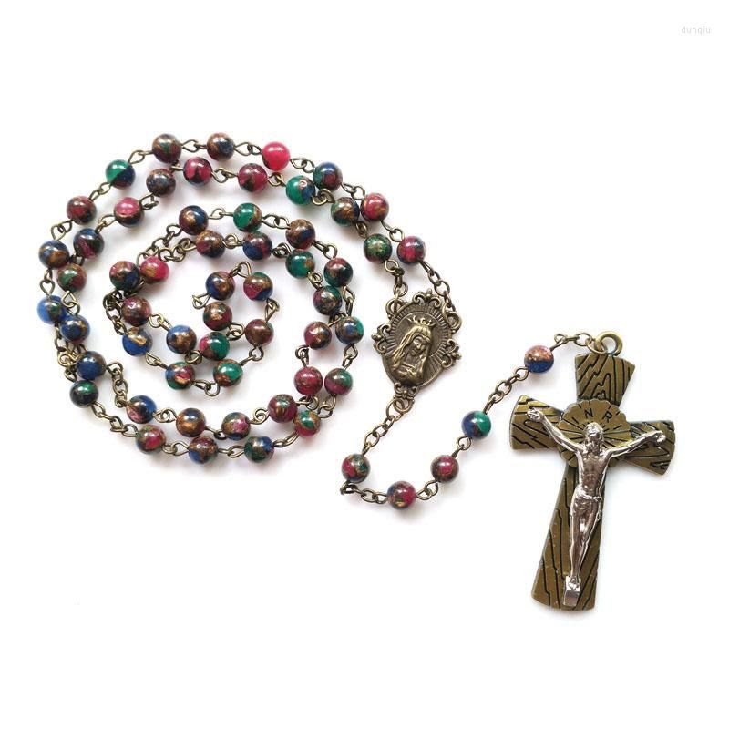 Christianartworkshop Virgin Mary & Crucifix of 6 mm Round Multicolor Stone Alloy Chain Rosary - Virgin Mary & Crucifix - image 1