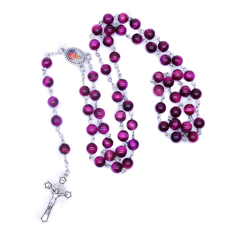 Christianartworkshop Immaculate Heart of Mary & Crucifix of 8 mm Round Purple Stone Alloy Chain Rosary - image 2