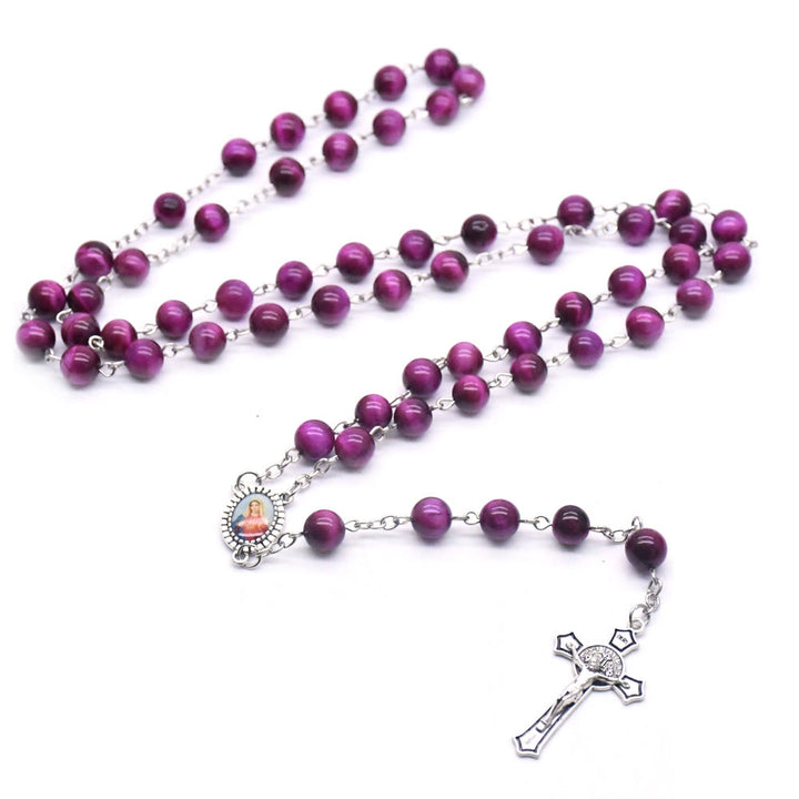 Christianartworkshop Immaculate Heart of Mary & Crucifix of 8 mm Round Purple Stone Alloy Chain Rosary - image 3