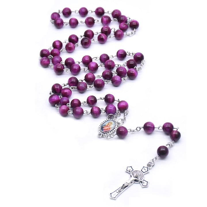 Christianartworkshop Immaculate Heart of Mary & Crucifix of 8 mm Round Purple Stone Alloy Chain Rosary - image 4