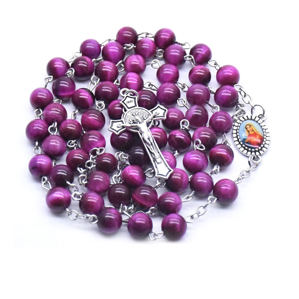 Christianartworkshop Immaculate Heart of Mary & Crucifix of 8 mm Round Purple Stone Alloy Chain Rosary - image 5