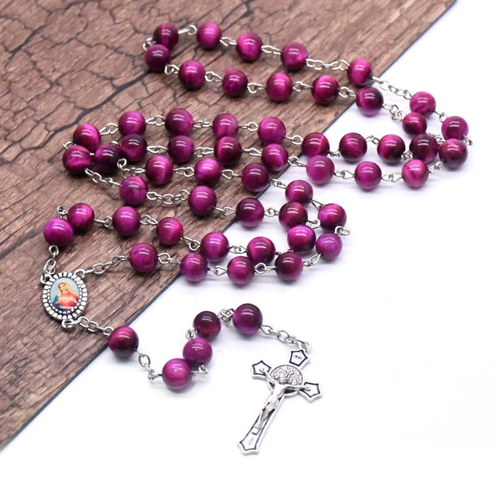 Christianartworkshop Immaculate Heart of Mary & Crucifix of 8 mm Round Purple Stone Alloy Chain Rosary - Immaculate Heart of Mary & Crucifix - image 1