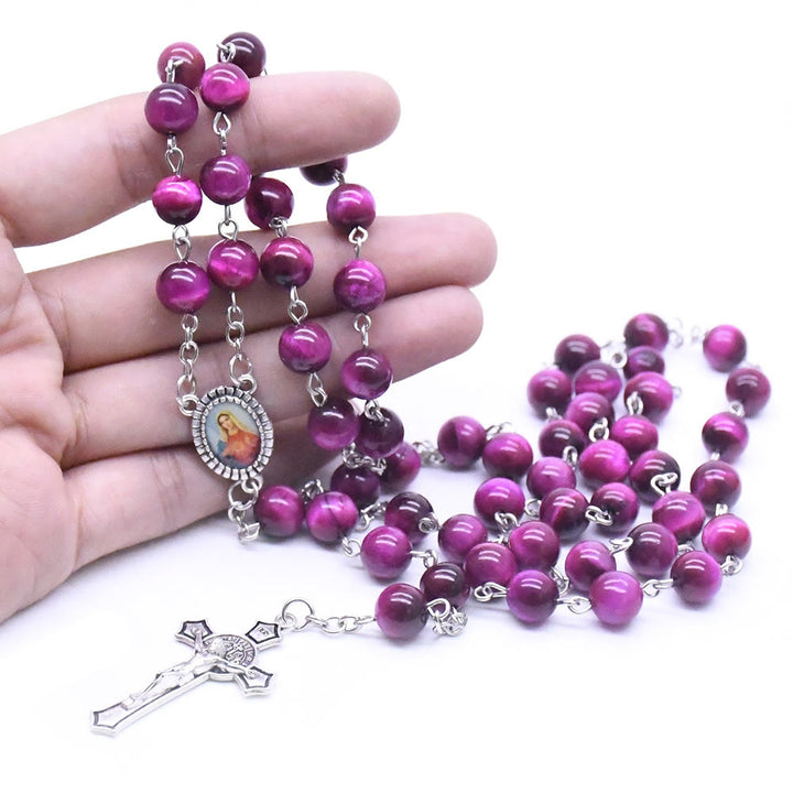 Christianartworkshop Immaculate Heart of Mary & Crucifix of 8 mm Round Purple Stone Alloy Chain Rosary - image 7