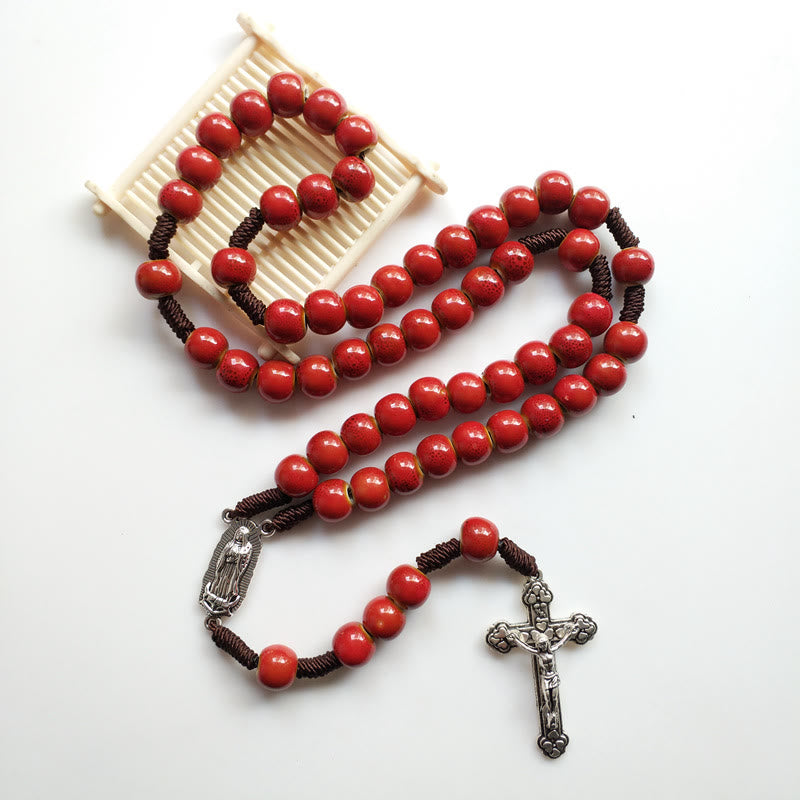 Christianartworkshop Our Lady of Guadalupe & Crucifix of 10 mm Round Red Ceramic Nylon Cord Rosary - image 4