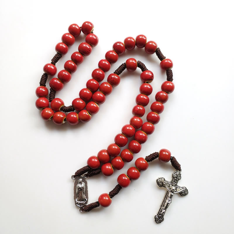 Christianartworkshop Our Lady of Guadalupe & Crucifix of 10 mm Round Red Ceramic Nylon Cord Rosary - image 4