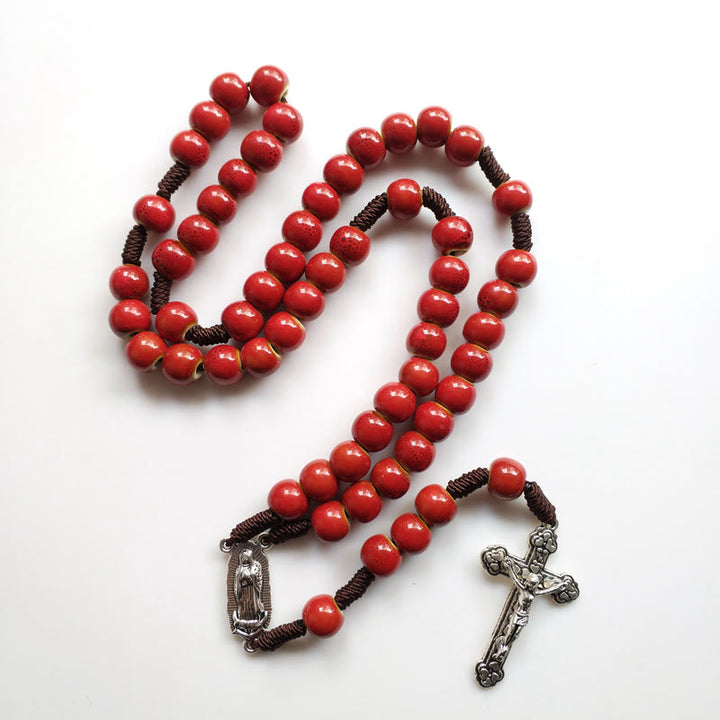 Christianartworkshop Our Lady of Guadalupe & Crucifix of 10 mm Round Red Ceramic Nylon Cord Rosary - image 4