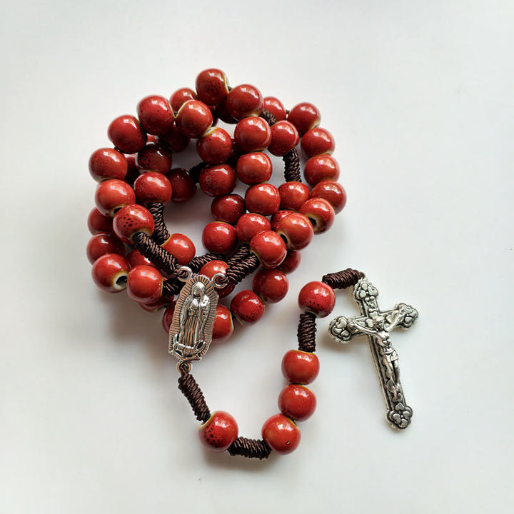 Christianartworkshop Our Lady of Guadalupe & Crucifix of 10 mm Round Red Ceramic Nylon Cord Rosary - image 5