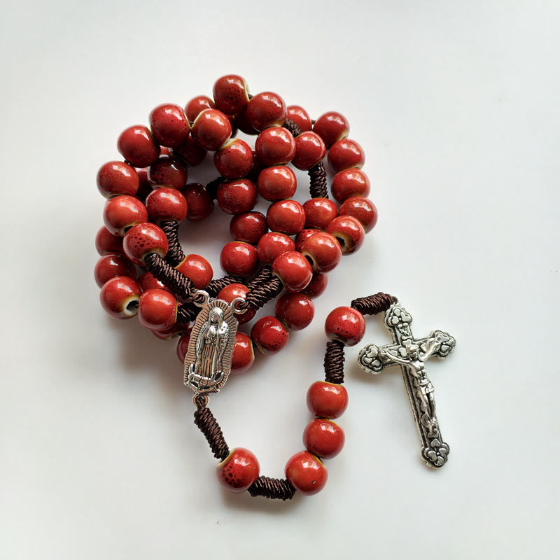 Christianartworkshop Our Lady of Guadalupe & Crucifix of 10 mm Round Red Ceramic Nylon Cord Rosary - image 6