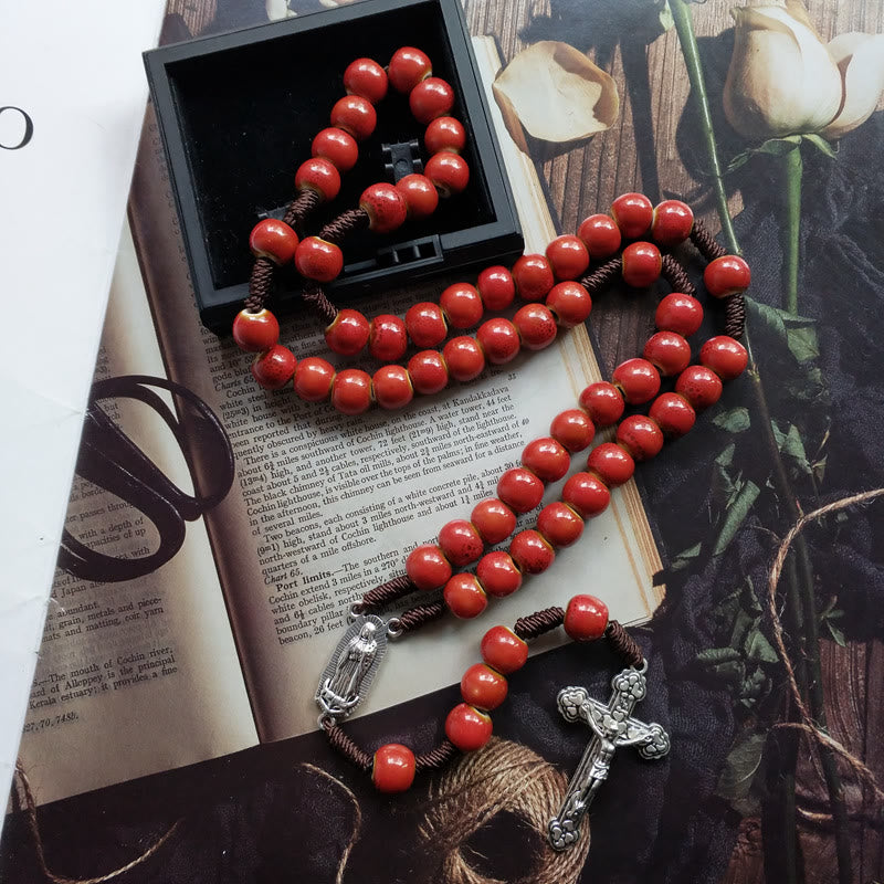 Christianartworkshop Our Lady of Guadalupe & Crucifix of 10 mm Round Red Ceramic Nylon Cord Rosary - Our Lady of Guadalupe & Crucifix - image 1