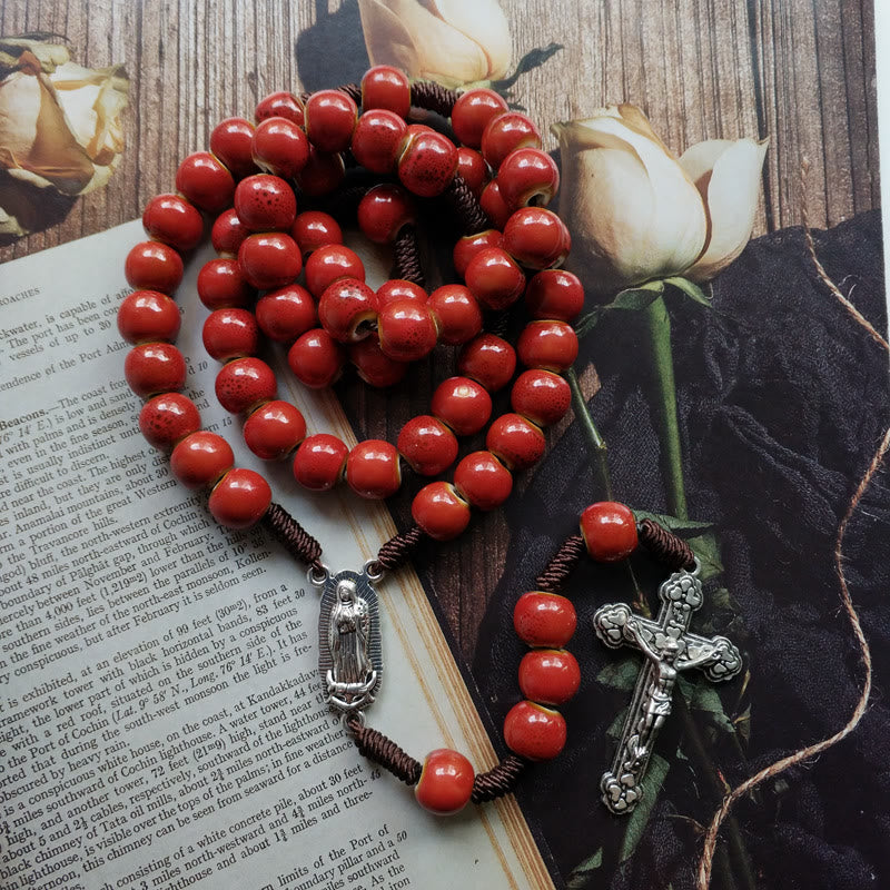 Christianartworkshop Our Lady of Guadalupe & Crucifix of 10 mm Round Red Ceramic Nylon Cord Rosary - image 3