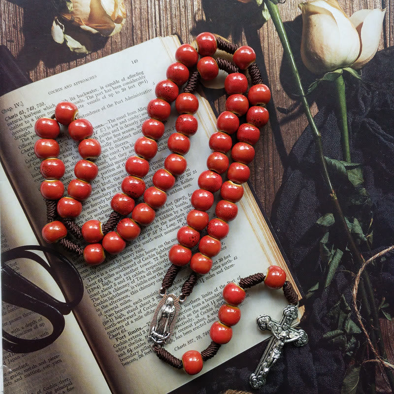 Christianartworkshop Our Lady of Guadalupe & Crucifix of 10 mm Round Red Ceramic Nylon Cord Rosary - image 2
