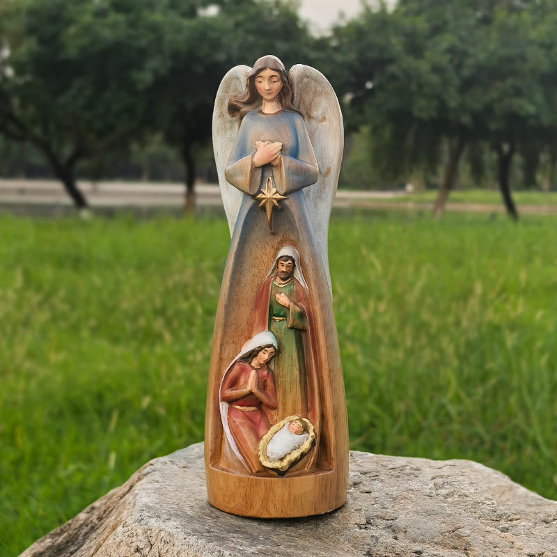 Christianartworkshop Classic Style Crafted Nativity Scene Angel Statue Wooden Desktop Decorations Ornament - Nativity Scene - image 1