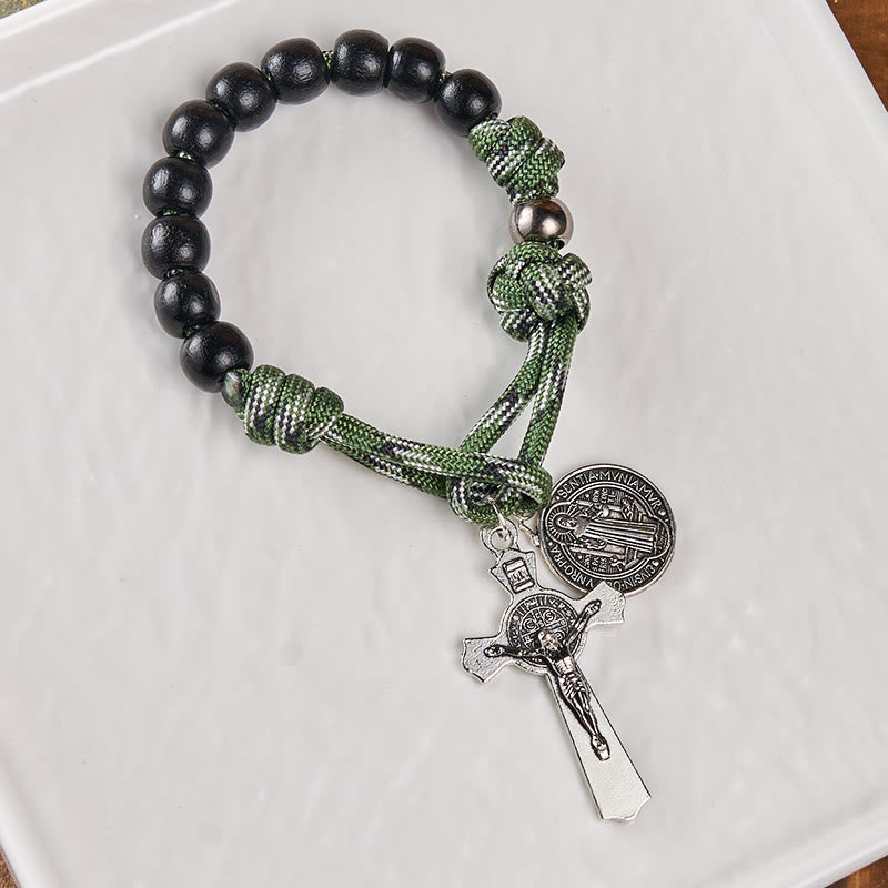 Christianartworkshop St. Benedict Medal & Crucifix of 10 mm Round Black Wood Green Paracord Pocket Rosary - image 4