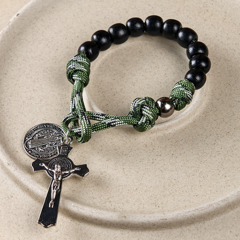 Christianartworkshop St. Benedict Medal & Crucifix of 10 mm Round Black Wood Green Paracord Pocket Rosary - image 6