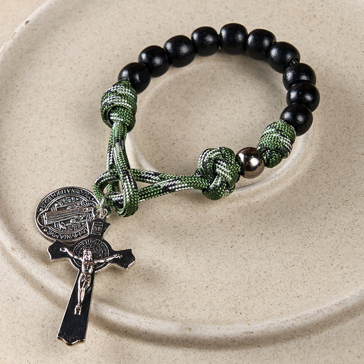 Christianartworkshop St. Benedict Medal & Crucifix of 10 mm Round Black Wood Green Paracord Pocket Rosary - image 6
