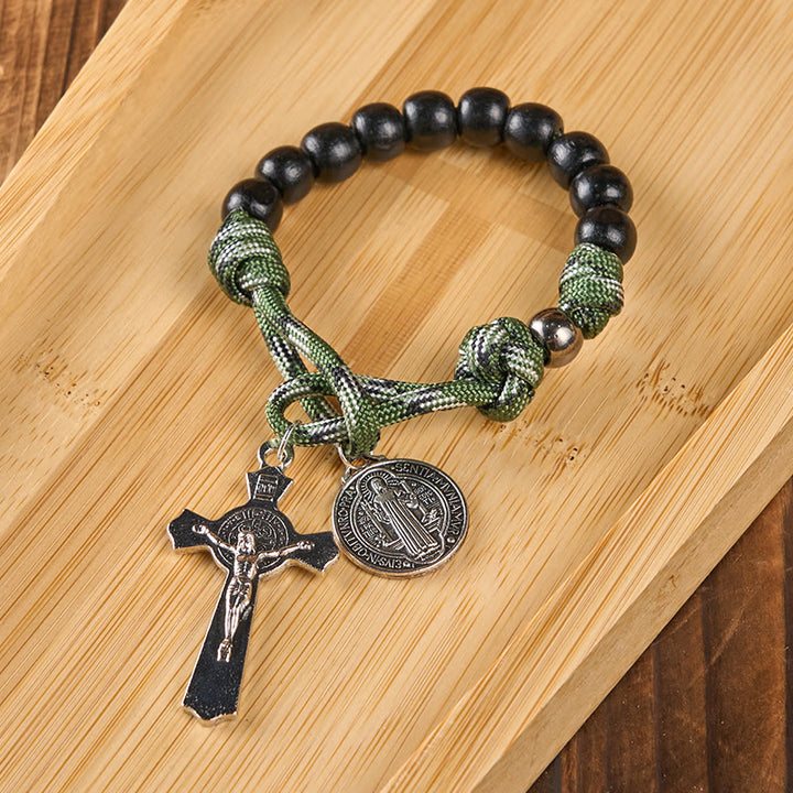 Christianartworkshop St. Benedict Medal & Crucifix of 10 mm Round Black Wood Green Paracord Pocket Rosary - image 7