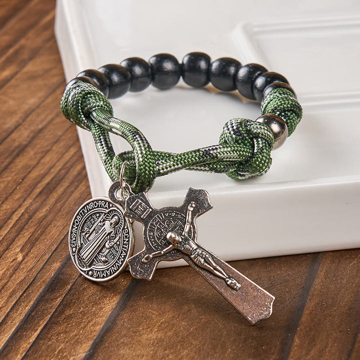 Christianartworkshop St. Benedict Medal & Crucifix of 10 mm Round Black Wood Green Paracord Pocket Rosary - image 5