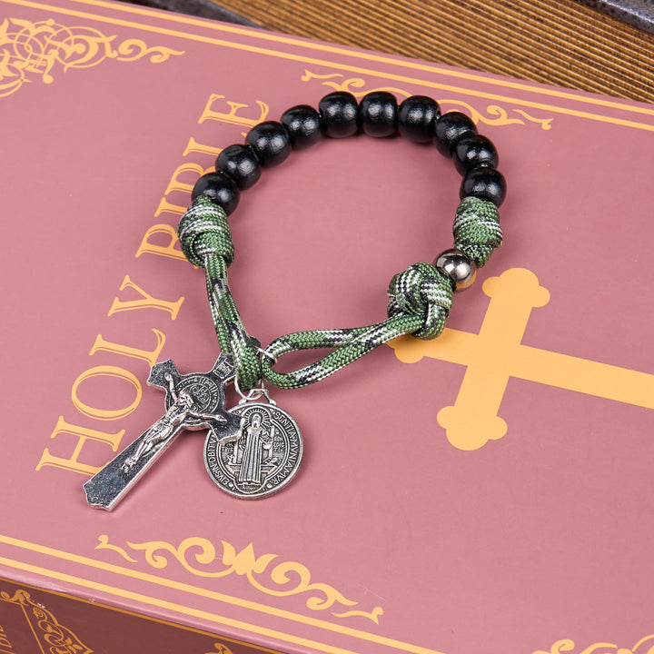 Christianartworkshop St. Benedict Medal & Crucifix of 10 mm Round Black Wood Green Paracord Pocket Rosary - Green Cord - image 1