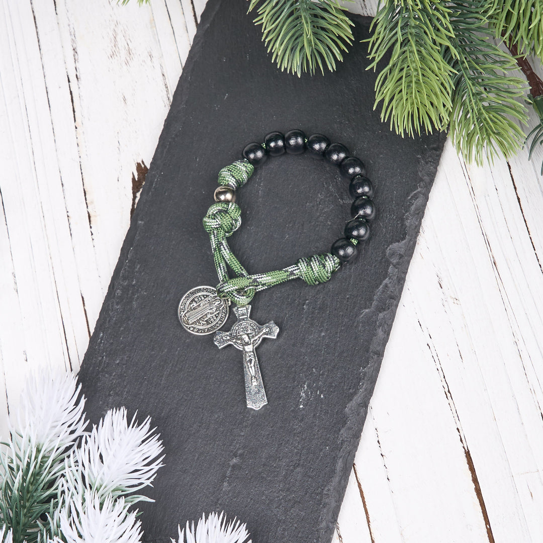 Christianartworkshop St. Benedict Medal & Crucifix of 10 mm Round Black Wood Green Paracord Pocket Rosary - image 2