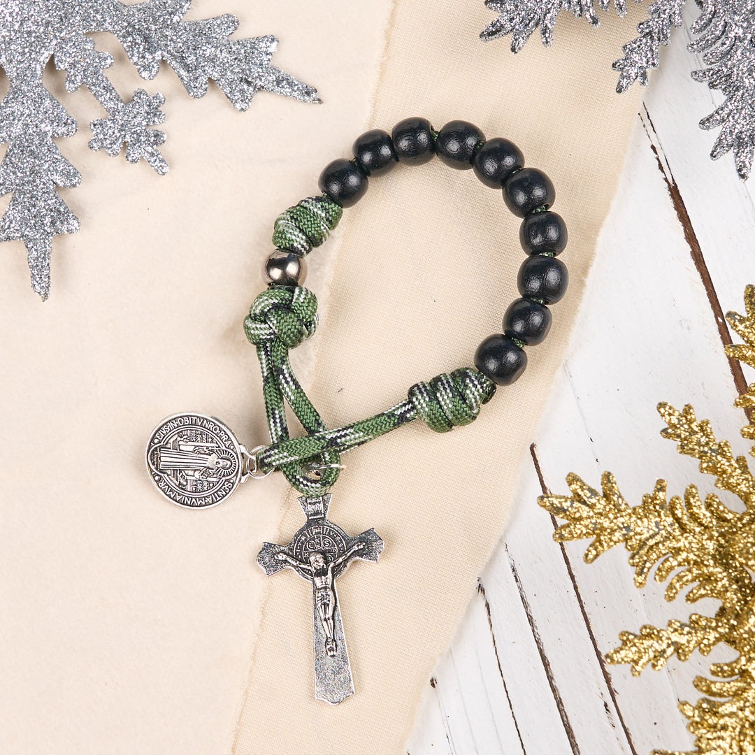 Christianartworkshop St. Benedict Medal & Crucifix of 10 mm Round Black Wood Green Paracord Pocket Rosary - image 3
