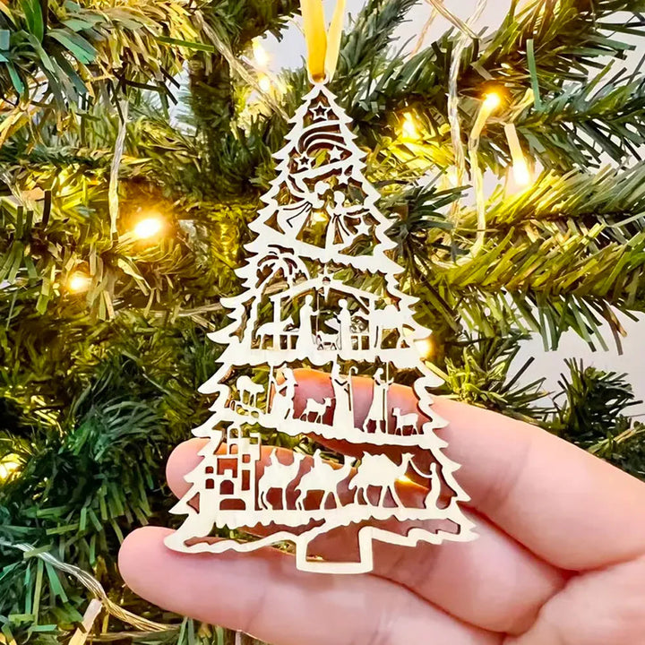 Christianartworkshop Classic Style Nativity Scene Tree-Shaped Wooden Christmas Nativity Hanging Ornaments - Nativity Scene - image 1
