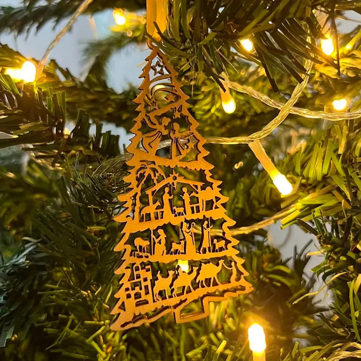 Christianartworkshop Classic Style Nativity Scene Tree-Shaped Wooden Christmas Nativity Hanging Ornaments - image 2