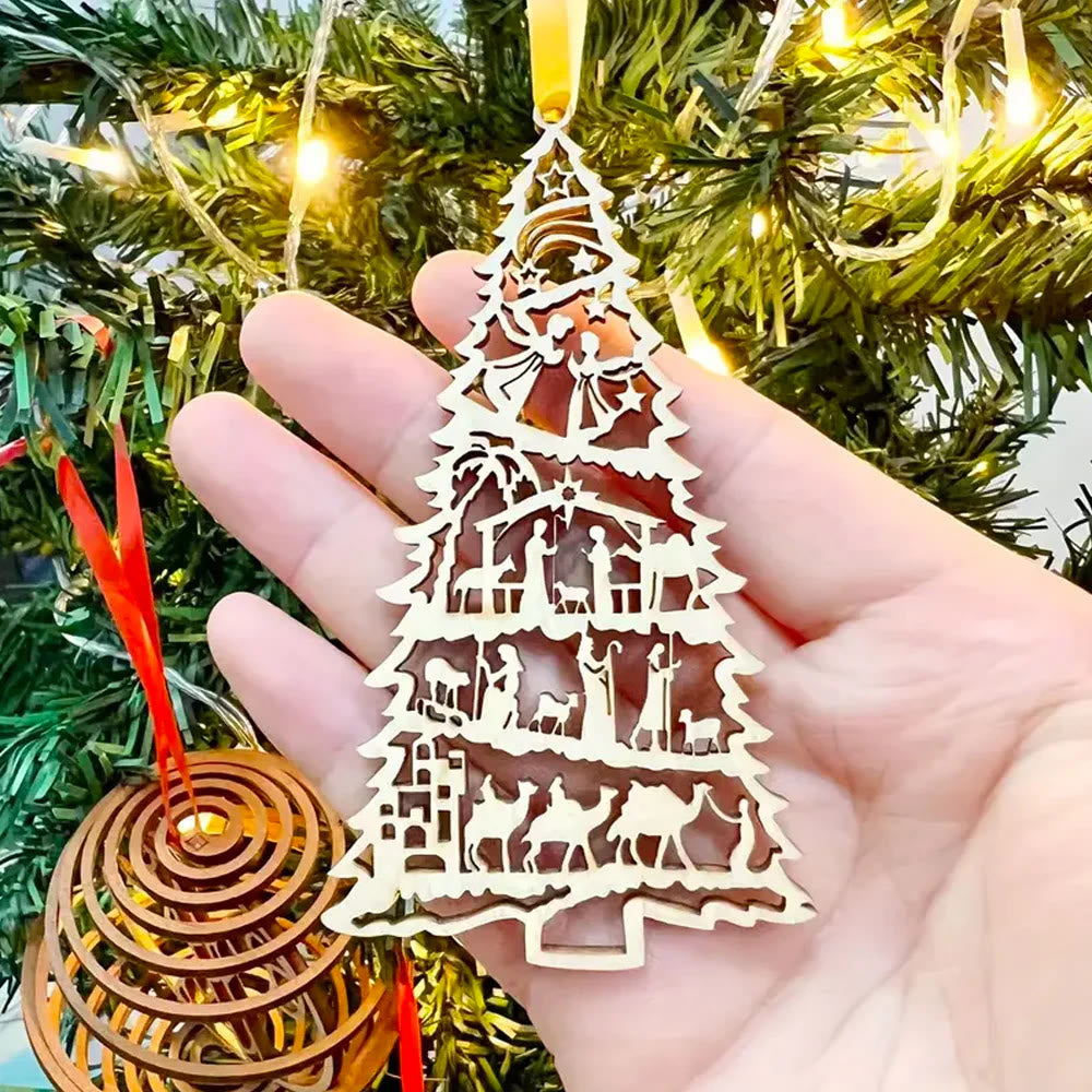 Christianartworkshop Classic Style Nativity Scene Tree-Shaped Wooden Christmas Nativity Hanging Ornaments - image 3