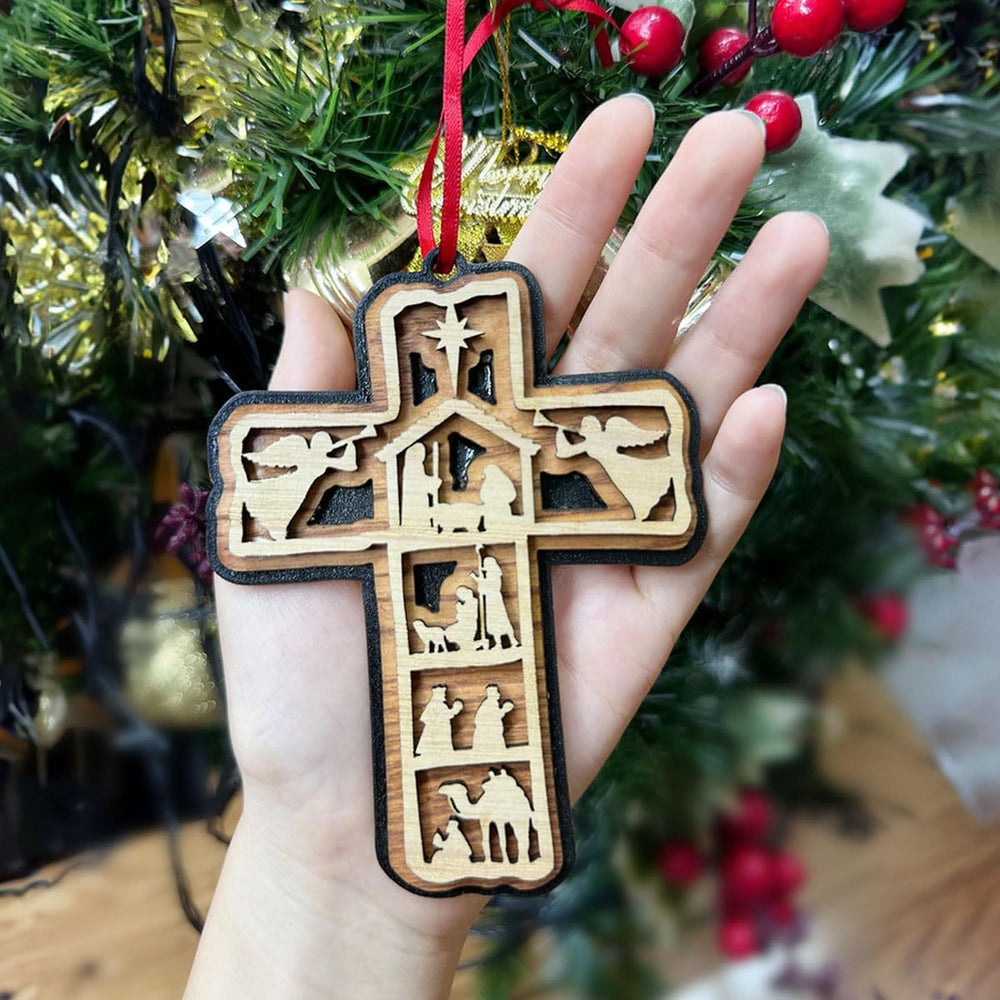 Christianartworkshop Classic Style Cross Nativity Scene Angel Lamb Christmas Nativity Hanging Ornaments - image 1