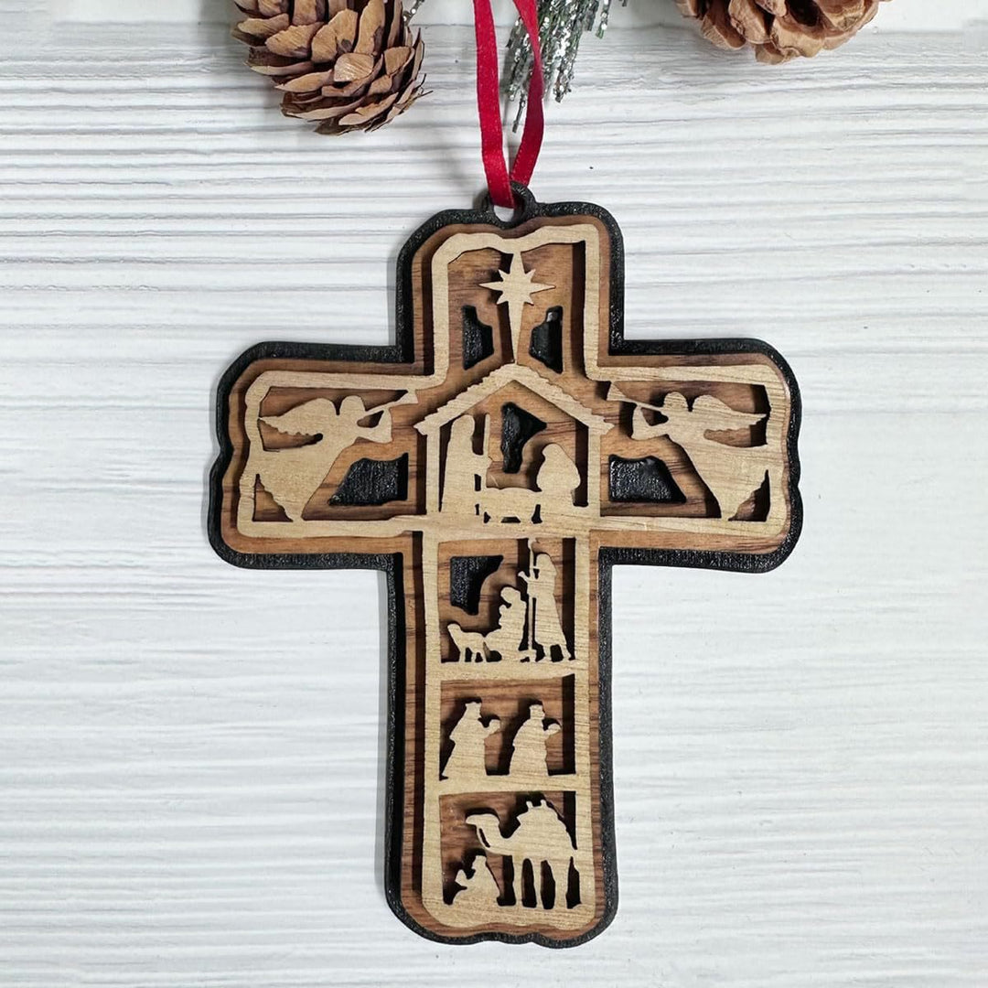 Christianartworkshop Classic Style Cross Nativity Scene Angel Lamb Christmas Nativity Hanging Ornaments - Nativity Scene - image 1