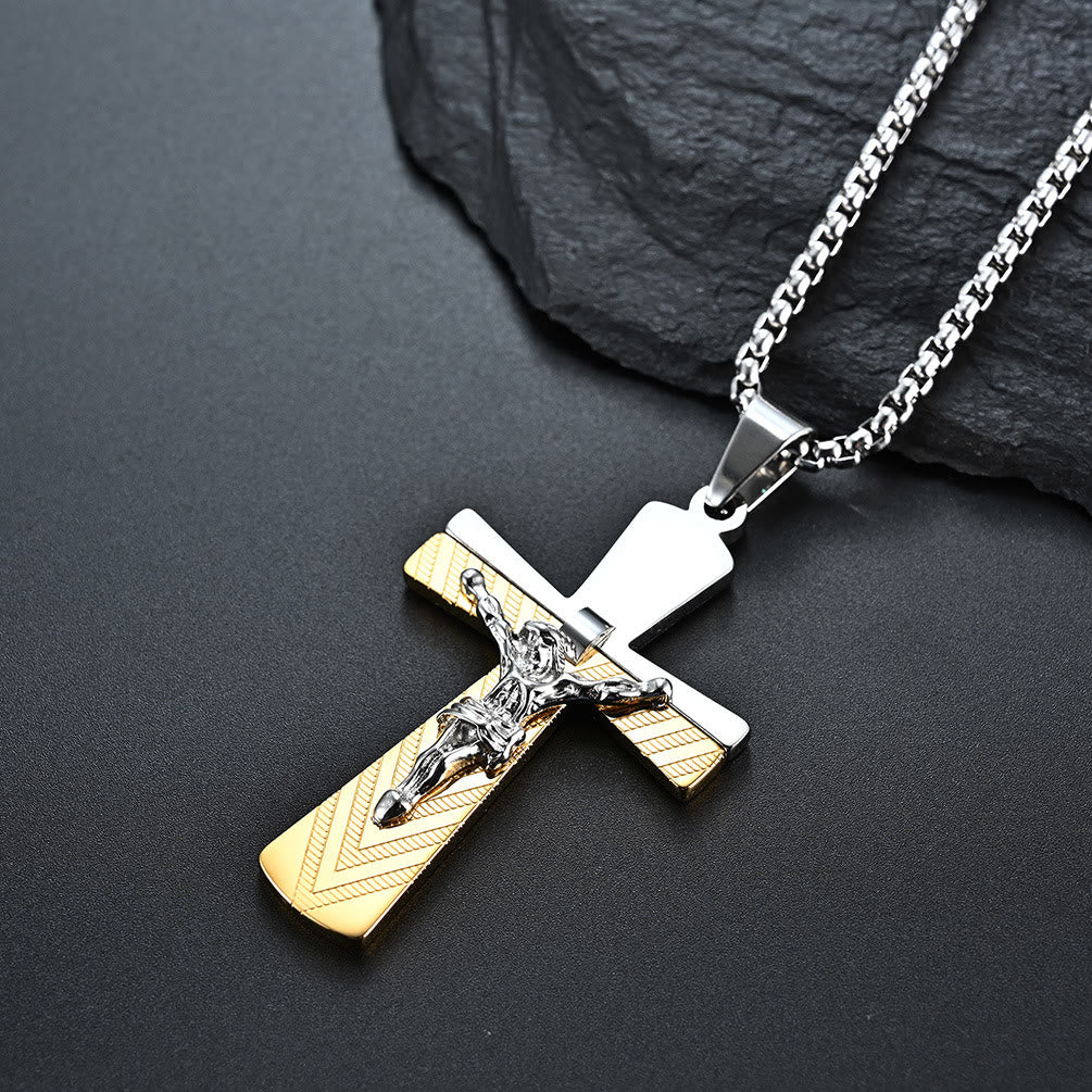 Christianartworkshop Modern Style Crucifix Cross Jesus Sacred Faith Stainless Steel Necklace - Silver&Gold - image 3
