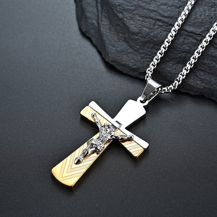 Christianartworkshop Modern Style Crucifix Cross Jesus Sacred Faith Stainless Steel Necklace - Silver&Gold - image 3