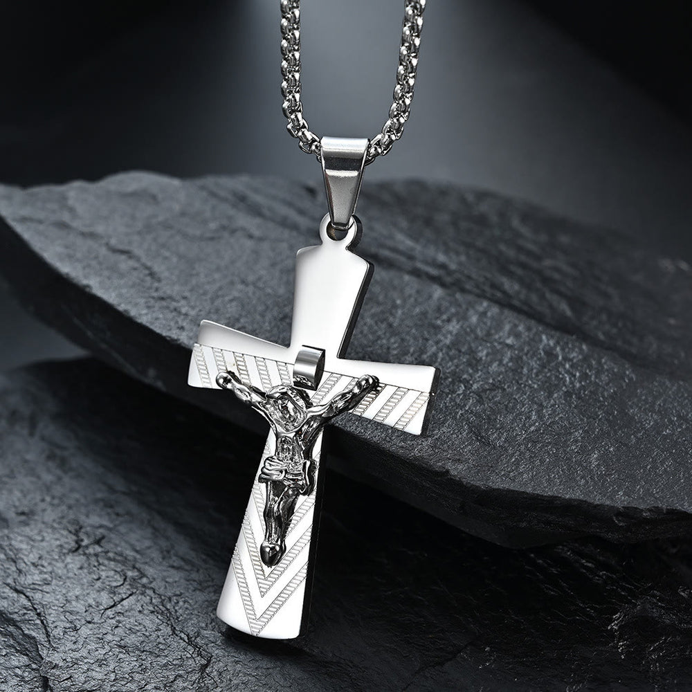 Christianartworkshop Modern Style Crucifix Cross Jesus Sacred Faith Stainless Steel Necklace - Silver - image 2